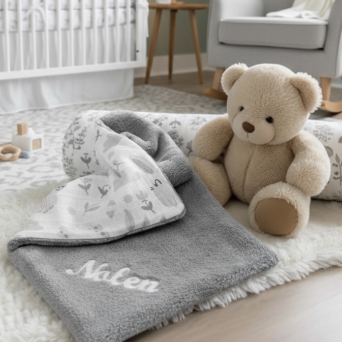 Szürke peluspárna hímzett névvel